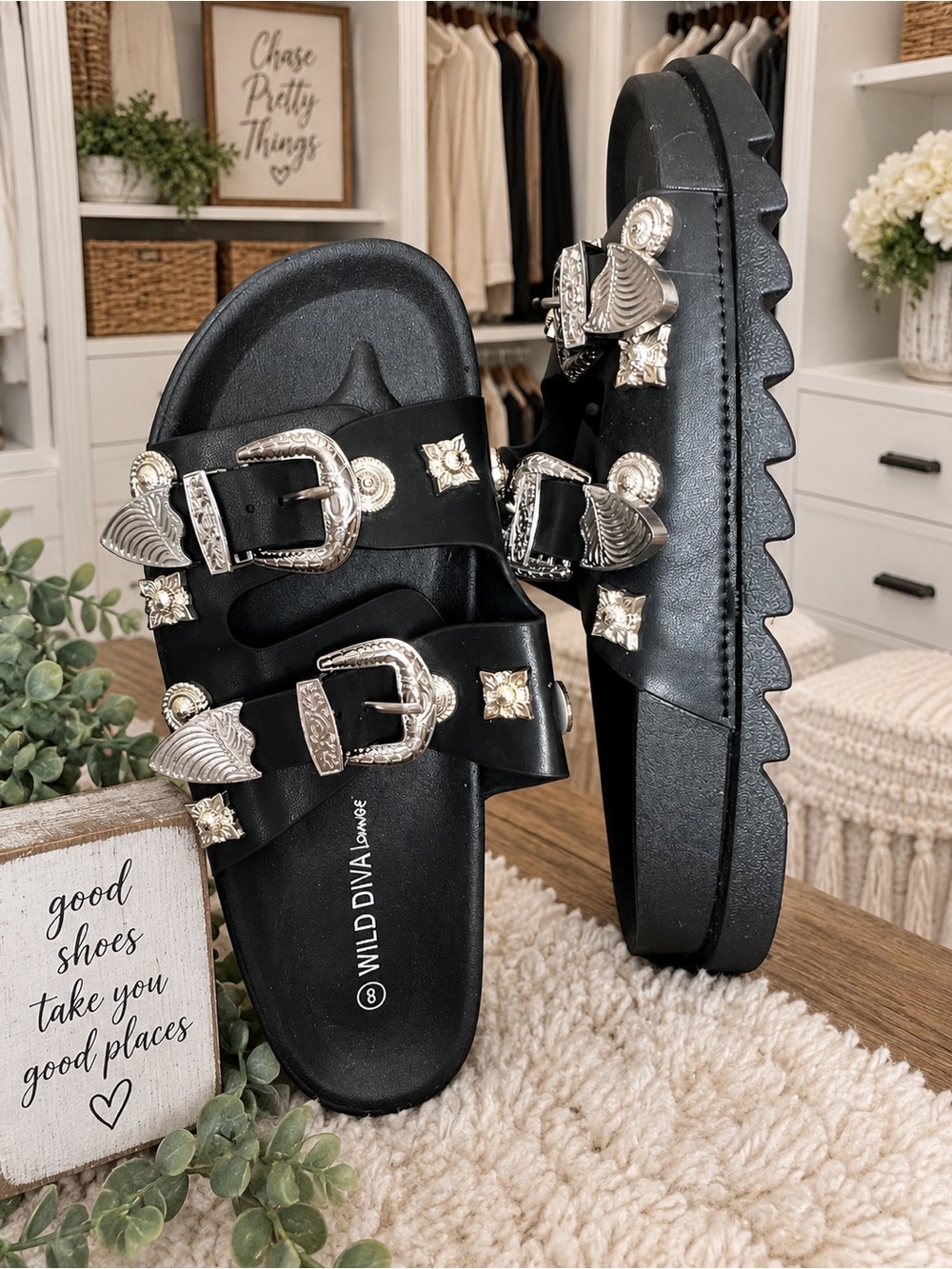 DIVA Lounge Black Slide Sandals with Silver Western Buckles